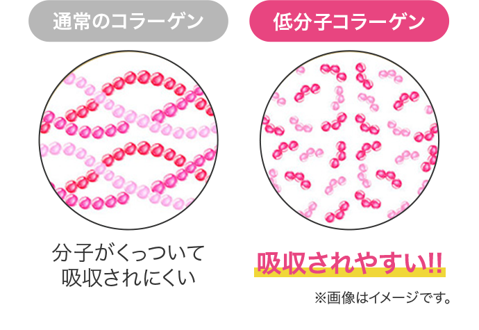 通常のコラーゲン 分子がくっついて 吸収されにくい 低分子コラーゲン 吸収されやすい！！ ※画像はイメージです。