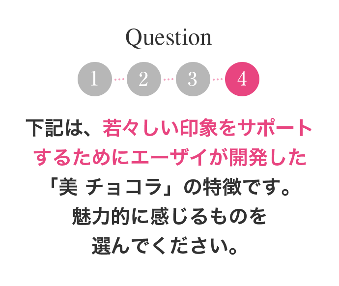 Question 4 下記は、若々しい印象をサポートするためにエーザイが開発した「美 チョコラ」の特徴です。 魅力的に感じるものを選んでください。