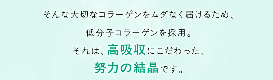 そんな大切なコラーゲンをムダなく届けるため、低分子コラーゲンを採用。それは、高吸収にこだわった、努力の結晶です。