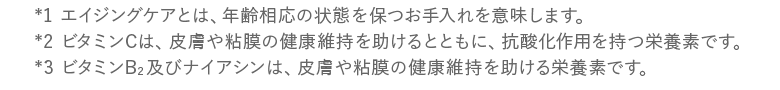 ※1 エイジングケアとは、年齢相応の状態を保つお手入れを意味します。※2 ビタミンCは、皮膚や粘膜の健康維持を助けるとともに、抗酸化作用を持つ栄養素です。※3 ビタミンB2及びナイアシンは、皮膚や粘膜の健康維持を助ける栄養素です。