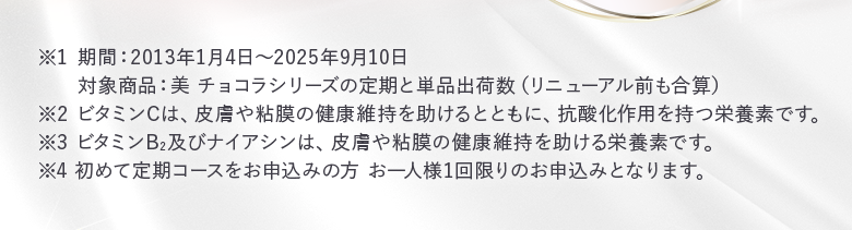 ※1 期間：2013年1月4日～2025年9月10日 対象商品：美 チョコラシリーズの定期と単品出荷数（リニューアル前も合算）※2 ビタミンCは、皮膚や粘膜の健康維持を助けるとともに、抗酸化作用を持つ栄養素です。※3 ビタミンB2及びナイアシンは、皮膚や粘膜の健康維持を助ける栄養素です。