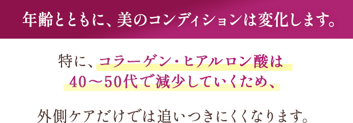 年齢とともに、美のコンディションは変化します。特に、コラーゲン・ヒアルロン酸は40~50代で減少していくため、外側だけでは追いつきにくくなります。