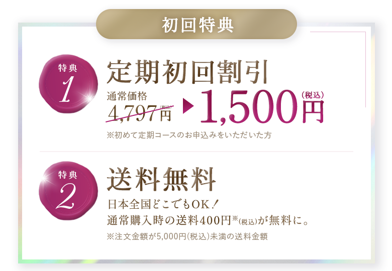 初回特典。特典1 定期初回割引 通常価格4,797円（税込）から1,500円（税込）。※初めて定期コースのお申込みをいただいた方。特典2 送料無料 日本全国どこでもOK。通常購入時の送料400円（税込）が無料に。※注文金額が5,000円（税込）未満の送料金額。