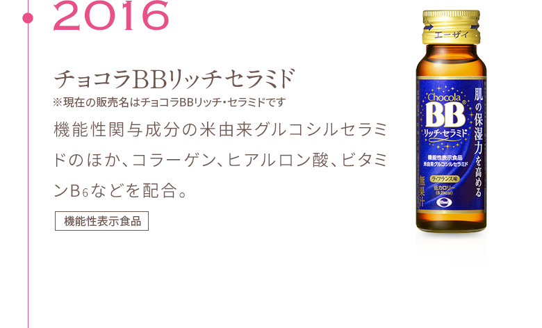 2016 チョコラBBリッチセラミド ※現在の販売名はチョコラBBリッチ・セラミドです 機能性関与成分の米由来グルコシルセラミドのほか、コラーゲン、ヒアルロン酸、ビタミンB6などを配合。機能性表示食品