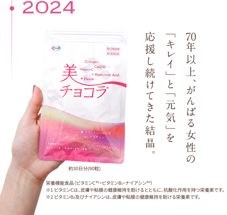 2024 70年以上、がんばる女性の「キレイ」と「元気」を応援し続けてきた結晶。栄養機能食品（ビタミンC※1・ビタミンB2・ナイアシン※2）※1 ビタミンCは、皮膚や粘膜の健康維持を助けるとともに、抗酸化作用を持つ栄養素です。※2 ビタミンB2及びナイアシンは、皮膚や粘膜の健康維持を助ける栄養素です。