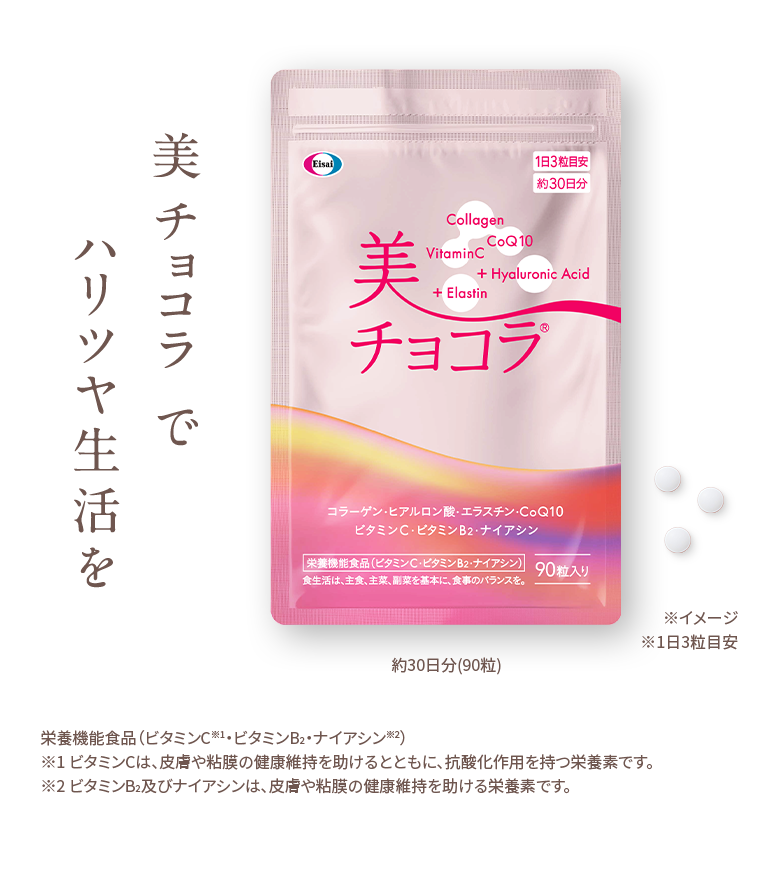美チョコでハリツヤ生活を栄養機能食品（ビタミンC※1・ビタミンB2・ナイアシン※2）※1 ビタミンCは、皮膚や粘膜の健康維持を助けるとともに、抗酸化作用を持つ栄養素です。※2 ビタミンB2及びナイアシンは、皮膚や粘膜の健康維持を助ける栄養素です。※ エイジングケアとは、年齢相応の状態を保つお手入れを意味します