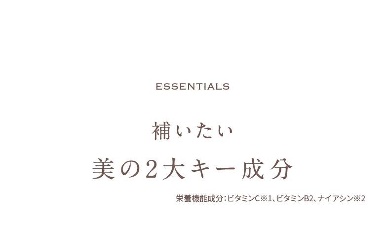Essentials 補いたい 美の2大キー成分 栄養機能成分：ビタミンC※1、ビタミンB2、ナイアシン※2