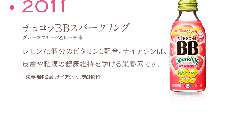 2011 チョコラBBスパークリング グレープフルーツ＆ピーチ味 レモン75個分のビタミンC配合。ナイアシンは、皮膚や粘膜の健康維持を助ける栄養素です。栄養機能食品（ナイアシン）、炭酸飲料