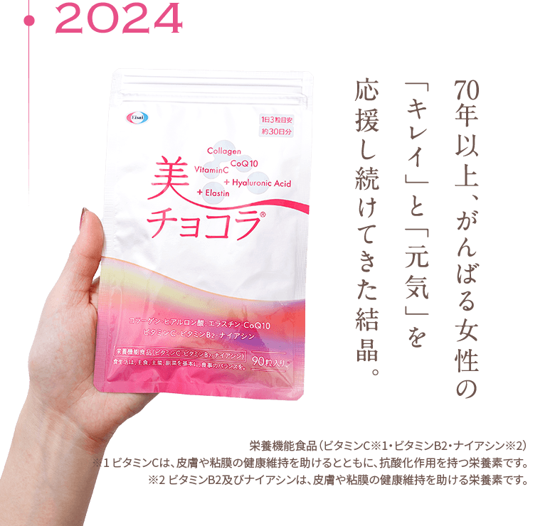 2024 70年以上、がんばる女性の「キレイ」と「元気」を応援し続けてきた結晶。栄養機能食品（ビタミンC※1・ビタミンB2・ナイアシン※2）※1 ビタミンCは、皮膚や粘膜の健康維持を助けるとともに、抗酸化作用を持つ栄養素です。※2 ビタミンB2及びナイアシンは、皮膚や粘膜の健康維持を助ける栄養素です。