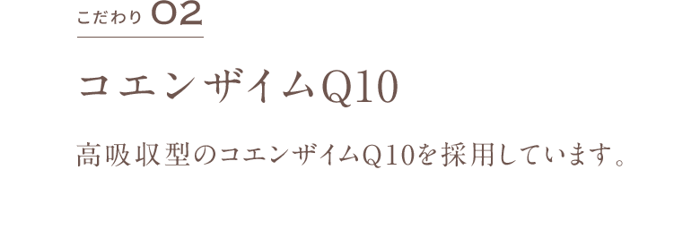 こだわり02 コエンザイムQ10 高吸収型のコエンザイムQ10を採用しています。