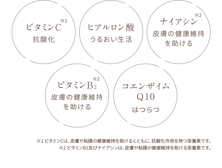 ビタミンC 抗酸化、ヒアルロン酸 うるおい生活、ナイアシン 皮膚の健康維持を助ける、ビタミンB2 皮膚の健康維持を助ける、コエンザイム Q10 はつらつ ※1 ビタミンCは、皮膚や粘膜の健康維持を助けるとともに、抗酸化作用を持つ栄養素です。
                    ※2 ビタミンB2及びナイアシンは、皮膚や粘膜の健康維持を助ける栄養素です。