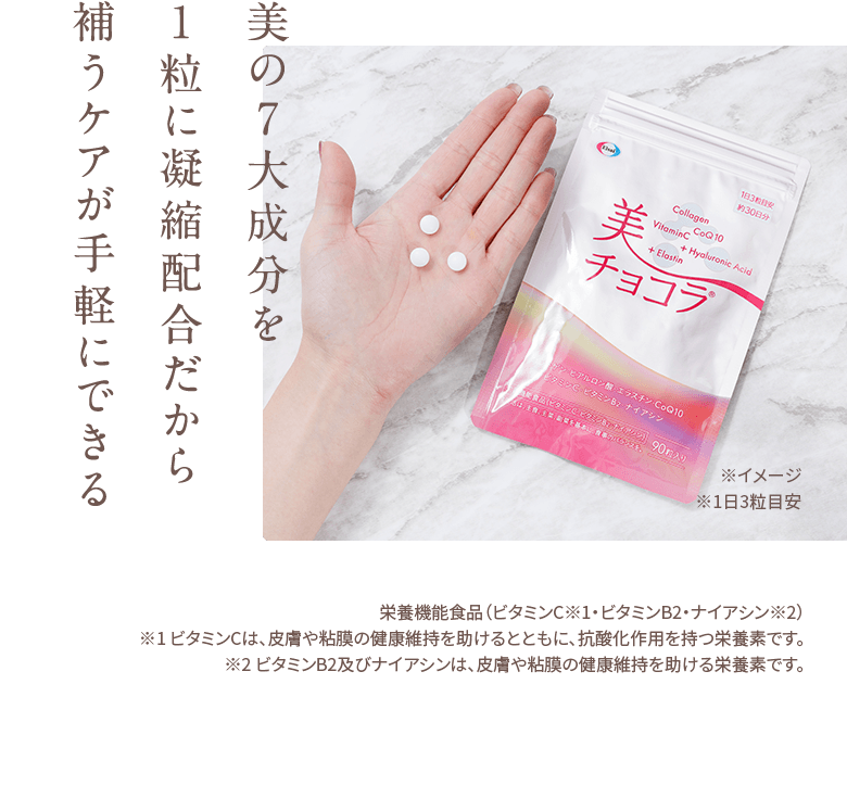 美の7大成分を1粒に凝縮配合だから補うケアが手軽にできる 栄養機能食品（ビタミンC※1・ビタミンB2・ナイアシン※2）※1 ビタミンCは、皮膚や粘膜の健康維持を助けるとともに、抗酸化作用を持つ栄養素です。※2 ビタミンB2及びナイアシンは、皮膚や粘膜の健康維持を助ける栄養素です。