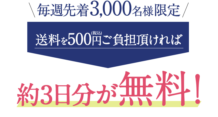 毎週先着3,000名様限定！ 送料を500円ご負担頂ければ約3日分が無料！