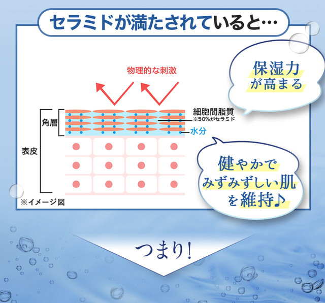セラミドが満たされていると… バリア機能（保湿力）が高まる　健やかでみずみずしい肌を維持 つまり！
