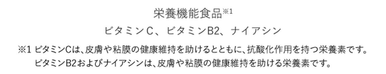 栄養機能食品※1 ビタミンＣ、ビタミンB2、ナイアシン ※1 ビタミンCは、皮膚や粘膜の健康維持を助けるとともに、抗酸化作用を持つ栄養素です。ビタミンB2およびナイアシンは、皮膚や粘膜の健康維持を助ける栄養素です。