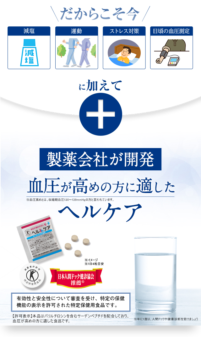 だからこそ今　減塩　運動　ストレス対策　日頃の血圧測定に加えて　製薬会社が開発　血圧が高めの方に適したヘルケア