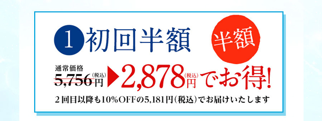 １　初回限定　通常価格5,330円+税　半額2,665円+税でお得！　2回目以降も10%OFFの4,797円+税でお届けします