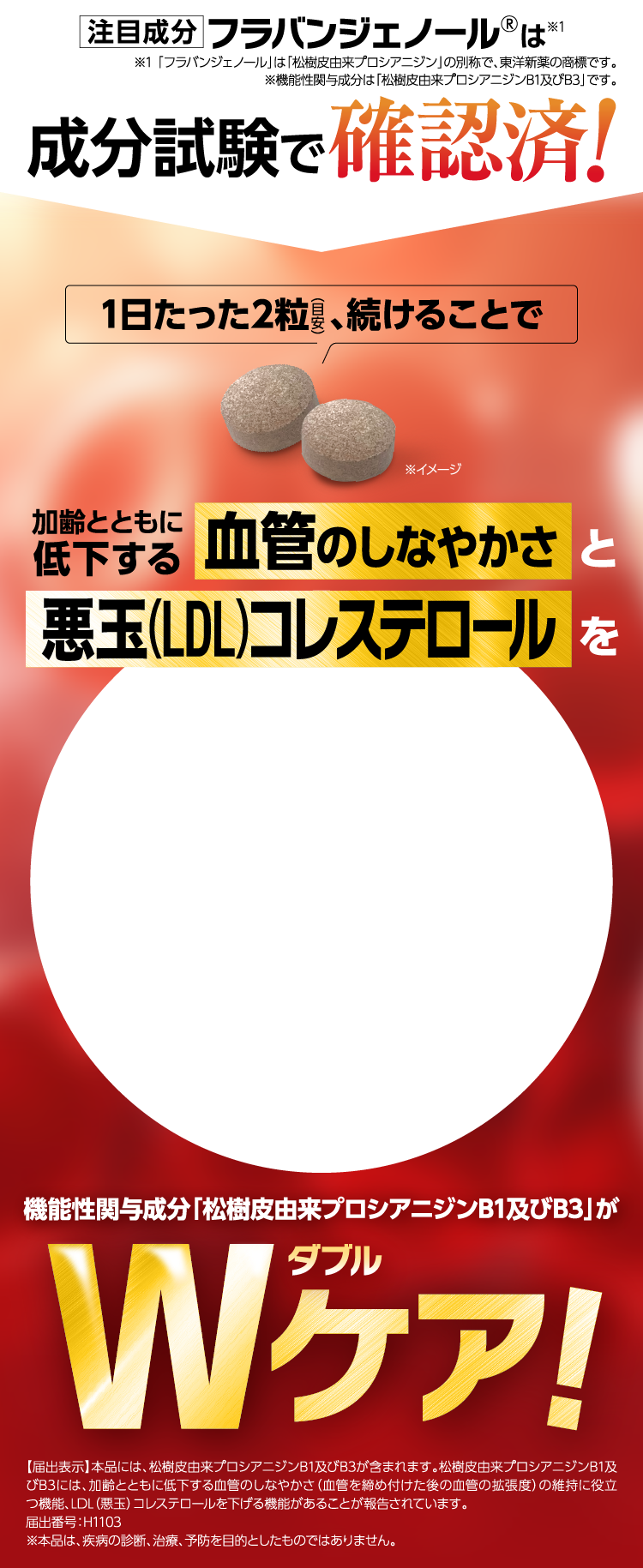 注目成分フラバンジェノールの成分試験での確認を報告。1日2粒の継続摂取で、加齢とともに低下する血管のしなやかさと悪玉(LDL)コレステロールに効果を発揮。機能性関与成分である松樹皮由来プロアントシアニジンB1及びB3がダブルケアを実現。届出番号H1103の機能性表示食品。疾病の診断、治療、予防を目的としたものではありません