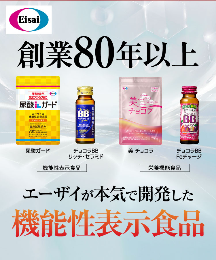 エーザイ創業80年以上の歴史を持つ同社の機能性表示食品ラインナップを紹介。尿酸ガード（機能性表示食品）、チョコラBBリッチ・セラミド（機能性表示食品）、美チョコラ（栄養機能食品）、チョコラBB Feチャージ（栄養機能食品）など、エーザイが本気で開発した機能性食品を展示。長年の製薬技術と研究開発力を活かした製品群。