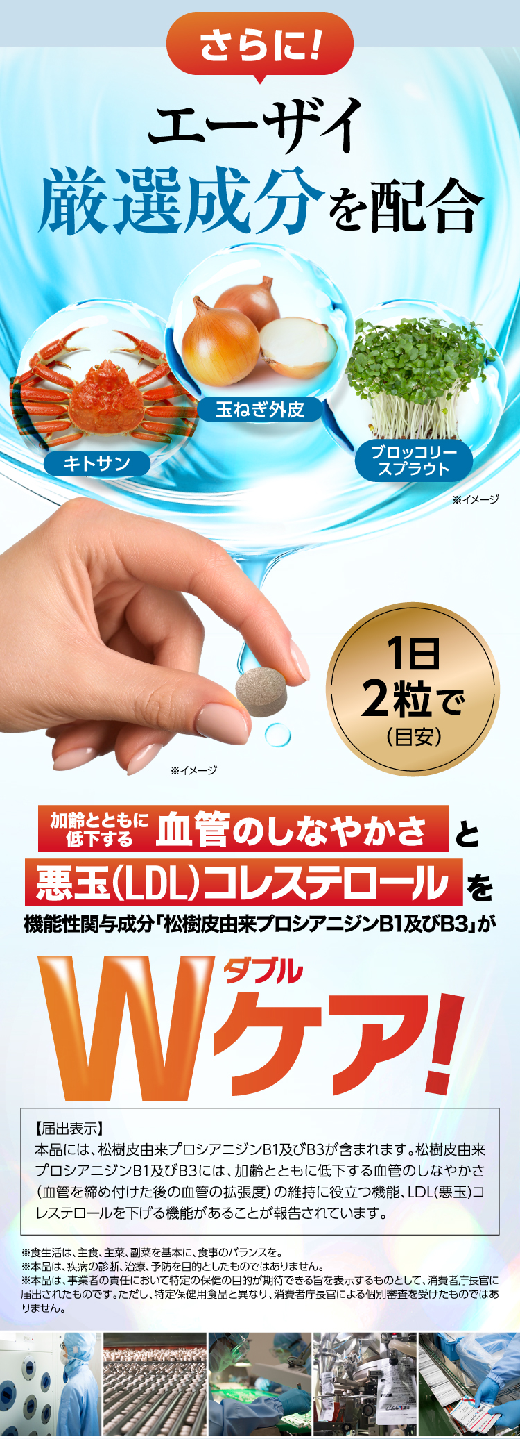 エーザイの厳選成分配合の製品紹介。キトサン、玉ねぎ外皮、ブロッコリースプラウトを配合。1日2粒目安。加齢とともに低下する血管のしなやかさと悪玉(LDL)コレステロールをWケアする機能性表示食品。松樹皮由来プロシアニジンB1及びB3を含む。製造工程の品質管理。