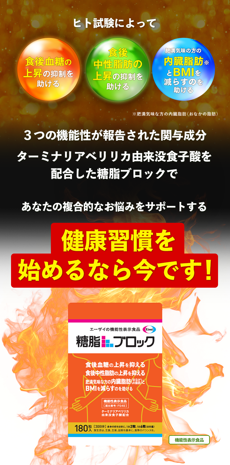３つの機能性が報告された関与成分ターミナリアベリリカ由来没食子酸を配合した糖脂ブロックであなたの複合的なお悩みをサポートする