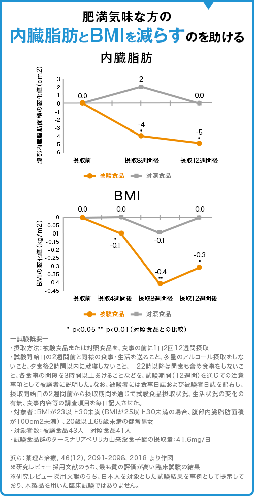 肥満気味な方の内臓脂肪とBMIを減らすのを助ける
