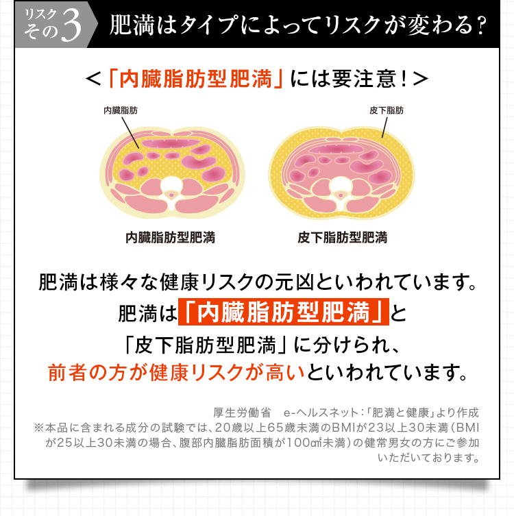 肥満はタイプによってリスクが変わる？肥満は様々な健康リスクの元凶といわれています。肥満は「内臓脂肪型肥満」と「皮下脂肪型肥満」に分けられ、前者の方が健康リスクが高いといわれています。