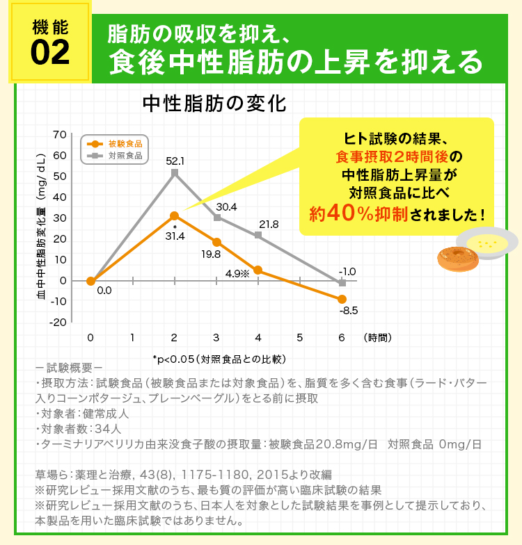 機能02 脂肪の吸収を抑え、食後中性脂肪の上昇を抑える