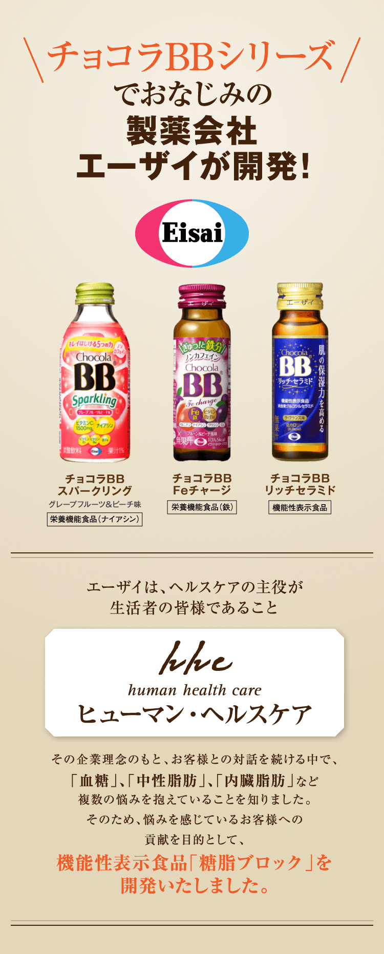 チョコラBBシリーズ!でおなじみの製薬会社エーザイが開発！ヒューマン・ヘルスケア機能性表示食品「糖脂ブロック」を開発いたしました。その企業理念のもと、お客様との対話を続ける中で、「血糖」、「中性脂肪」、「内臓脂肪」など複数の悩みを抱えていることを知りました。そのため、悩みを感じているお客様への貢献を目的として、エーザイは、ヘルスケアの主役が生活者の皆様であること
